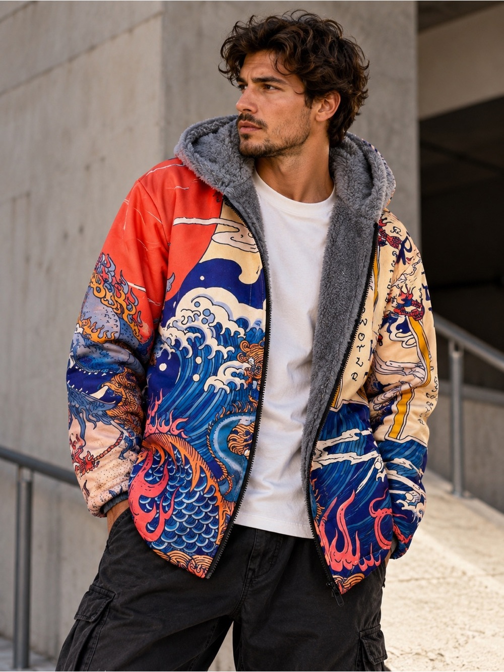 Japanese Dragon Wave Graphic Hooded Jacket Fully Fleece Lined Multicolor Large